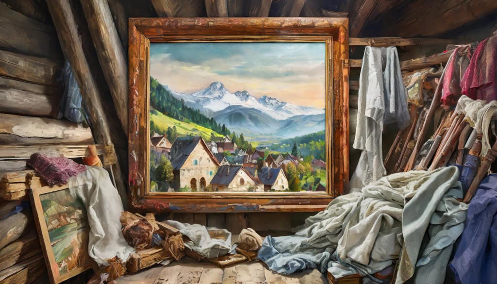Painting of a mountain village in an ornate wooden frame, propped in a cluttered attic among draped cloths, old canvases, and wooden poles