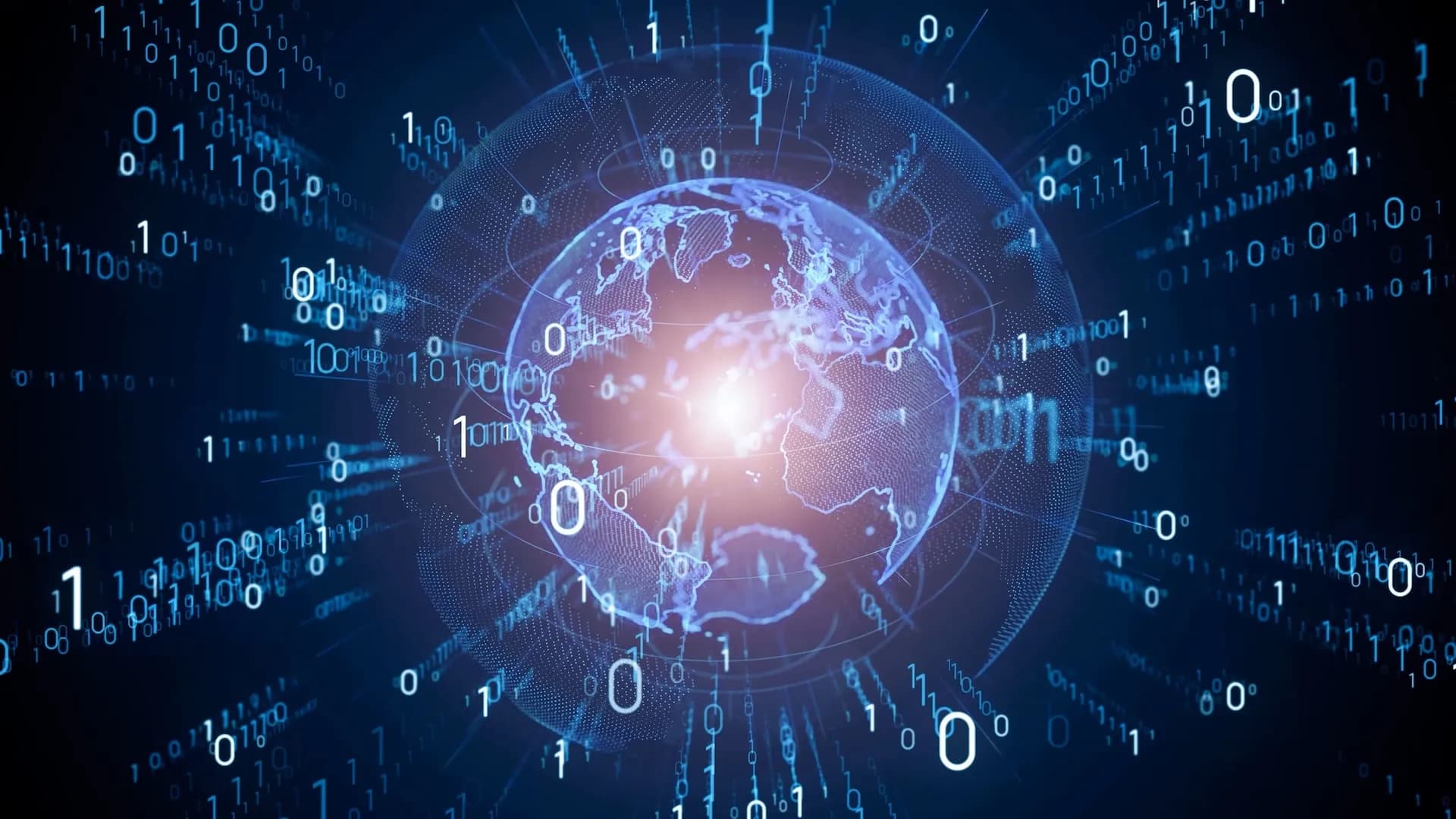 Glowing digital globe surrounded by streams of blue binary digits on a dark background